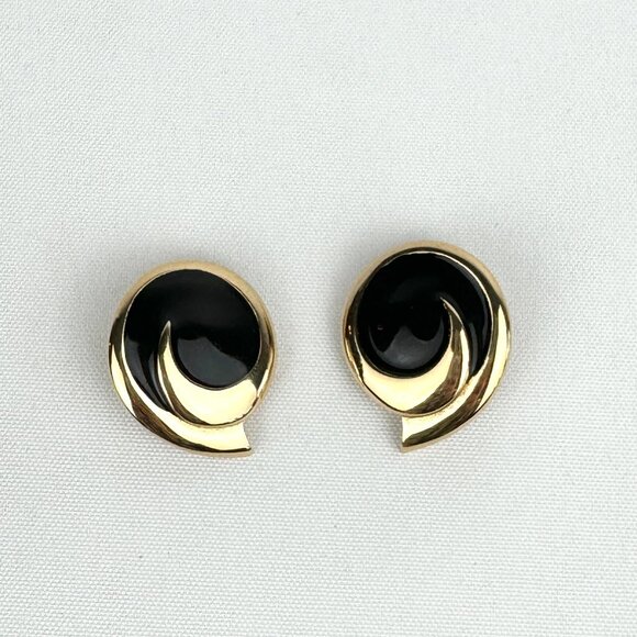 Vintage Monet Gold and Back Enamel Clip On Earrings - Picture 1 of 8
